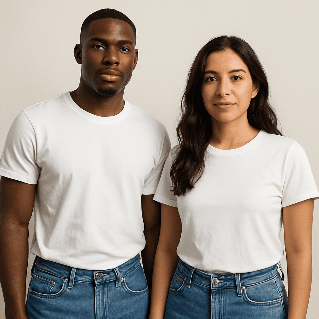 man and woman in t-shirts