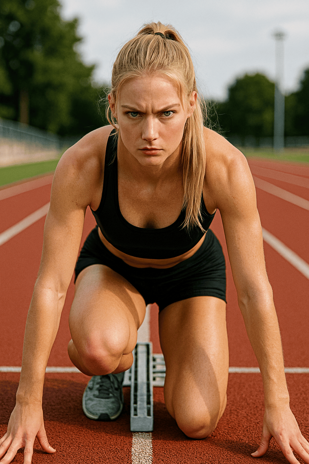 female track athlete at blocks